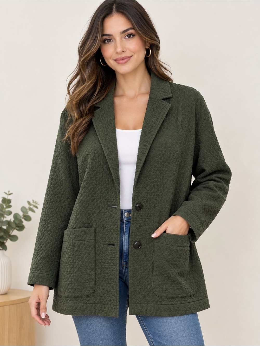 Madewell Olive Green Quilted Blazer Jacket with pockets Size Medium